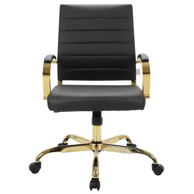 LeisureMod Benmar Leather Office Chair with Gold Accents, Adjustable Height, Swivel Base, Ergonomic Design for Home Office, Study, or Workspace