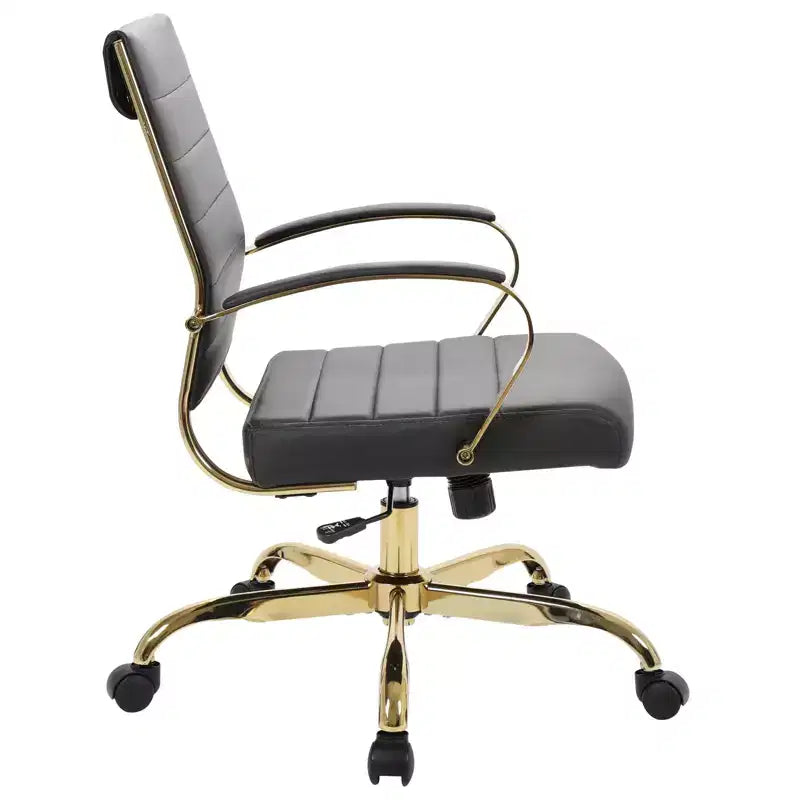 LeisureMod Benmar Leather Office Chair with Gold Accents, Adjustable Height, Swivel Base, Ergonomic Design for Home Office, Study, or Workspace