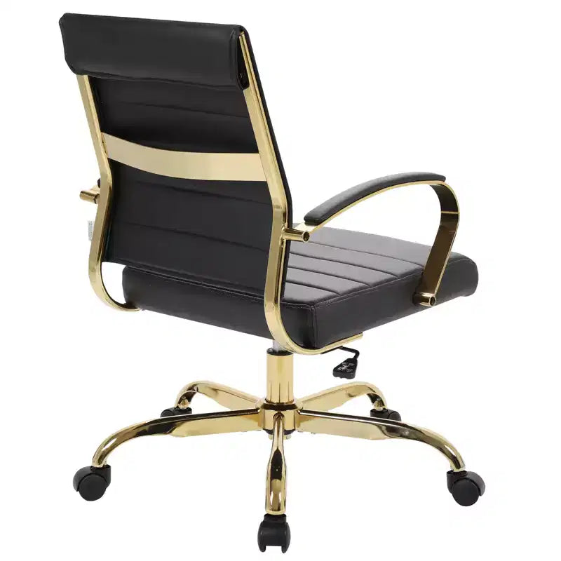 LeisureMod Benmar Leather Office Chair with Gold Accents, Adjustable Height, Swivel Base, Ergonomic Design for Home Office, Study, or Workspace