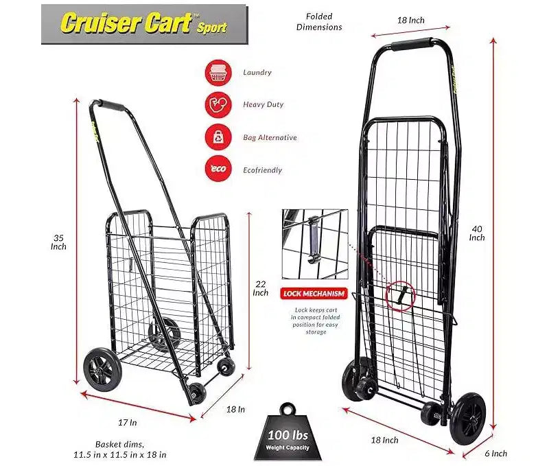 dbest products Cruiser Cart Lightweight Collapsible Sport Shopping Grocery Folding Laundry Wheels Basket