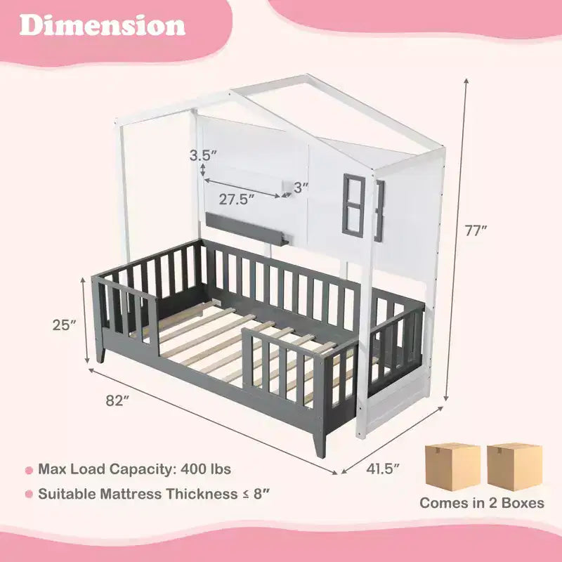 Costway Twin Size Kids House Bed with Fence Window Wooden Slats & 2 Storage Shelves