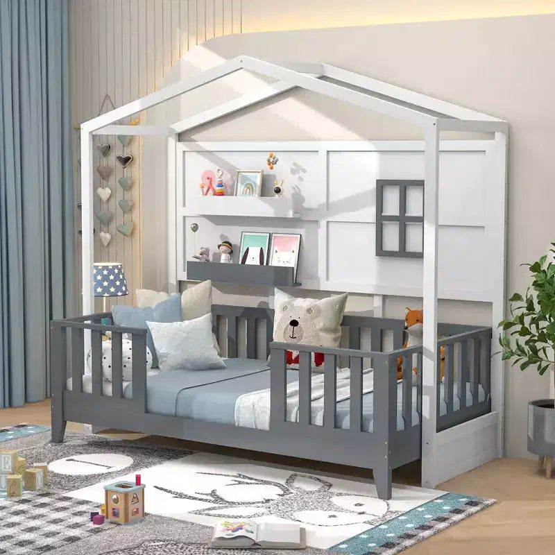 Costway Twin Size Kids House Bed with Fence Window Wooden Slats & 2 Storage Shelves