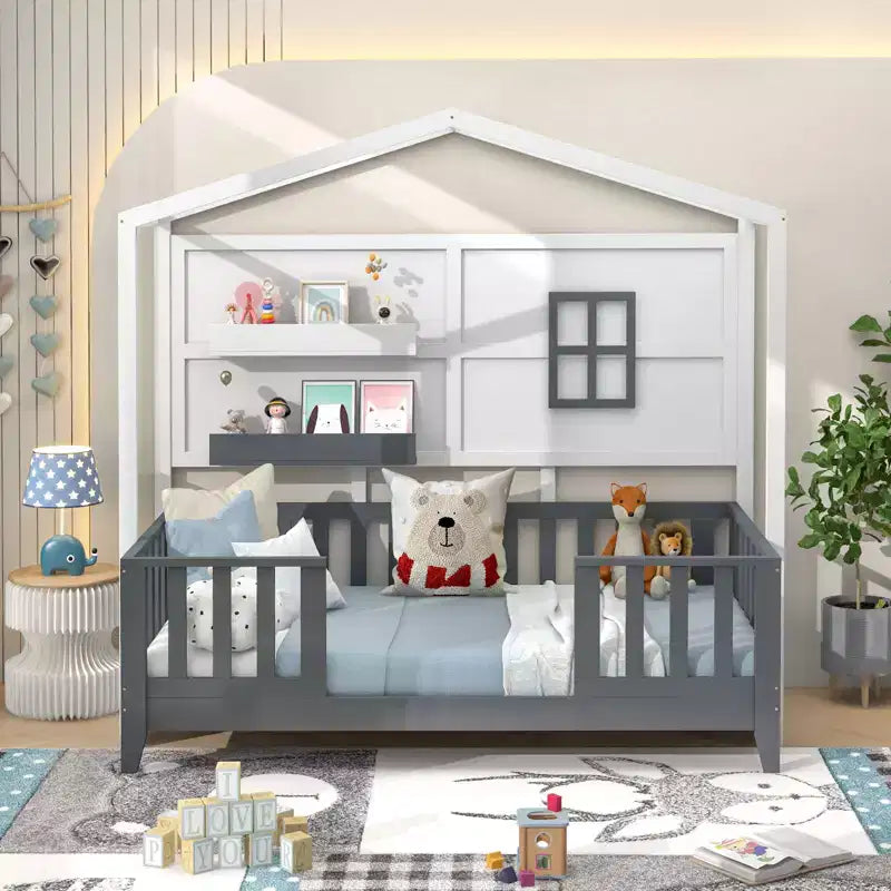 Costway Twin Size Kids House Bed with Fence Window Wooden Slats & 2 Storage Shelves