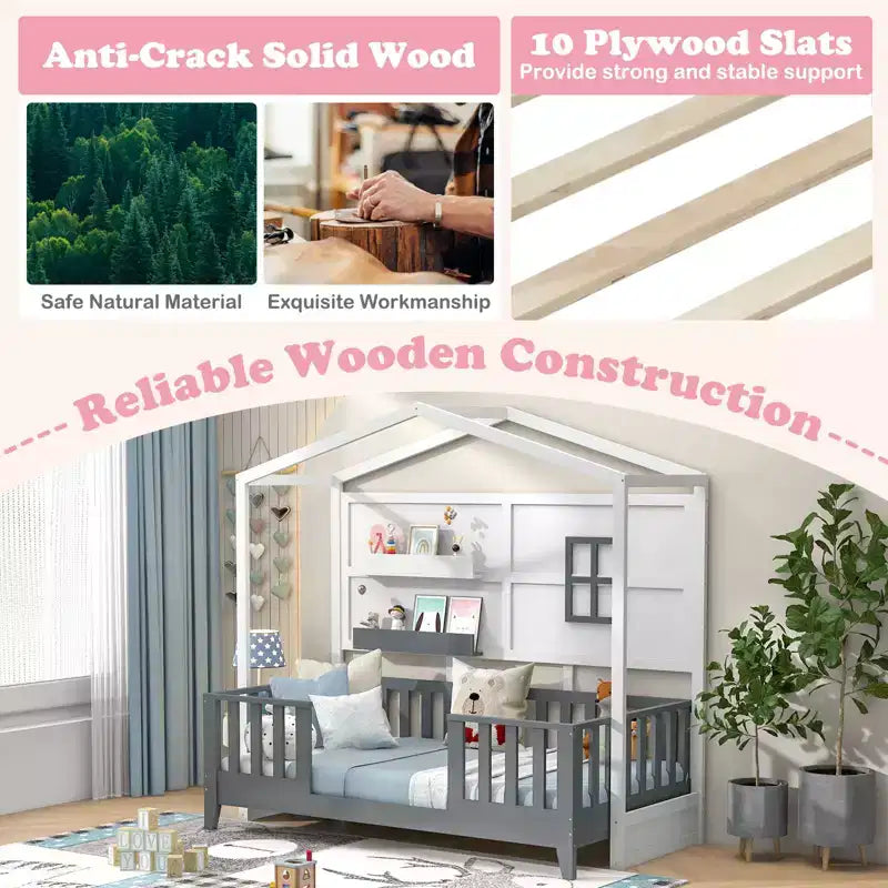 Costway Twin Size Kids House Bed with Fence Window Wooden Slats & 2 Storage Shelves