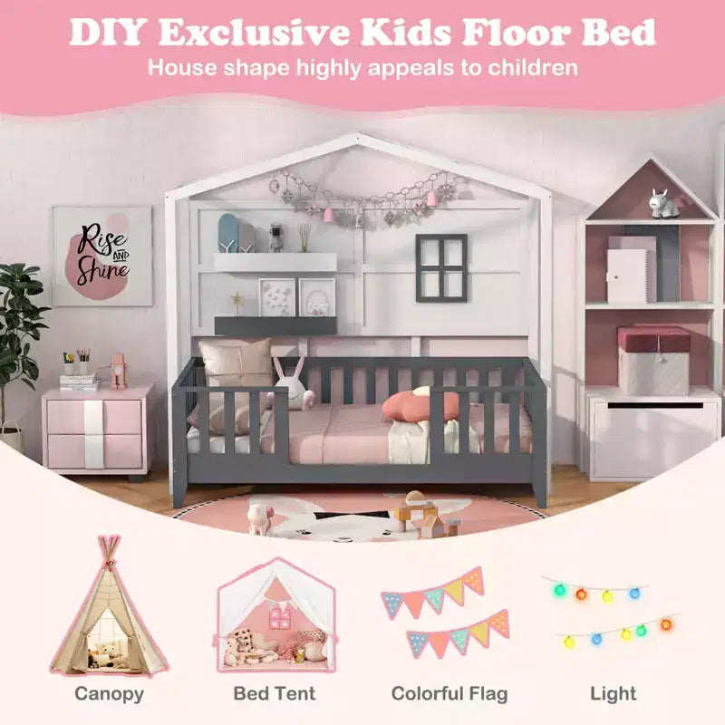 Costway Twin Size Kids House Bed with Fence Window Wooden Slats & 2 Storage Shelves
