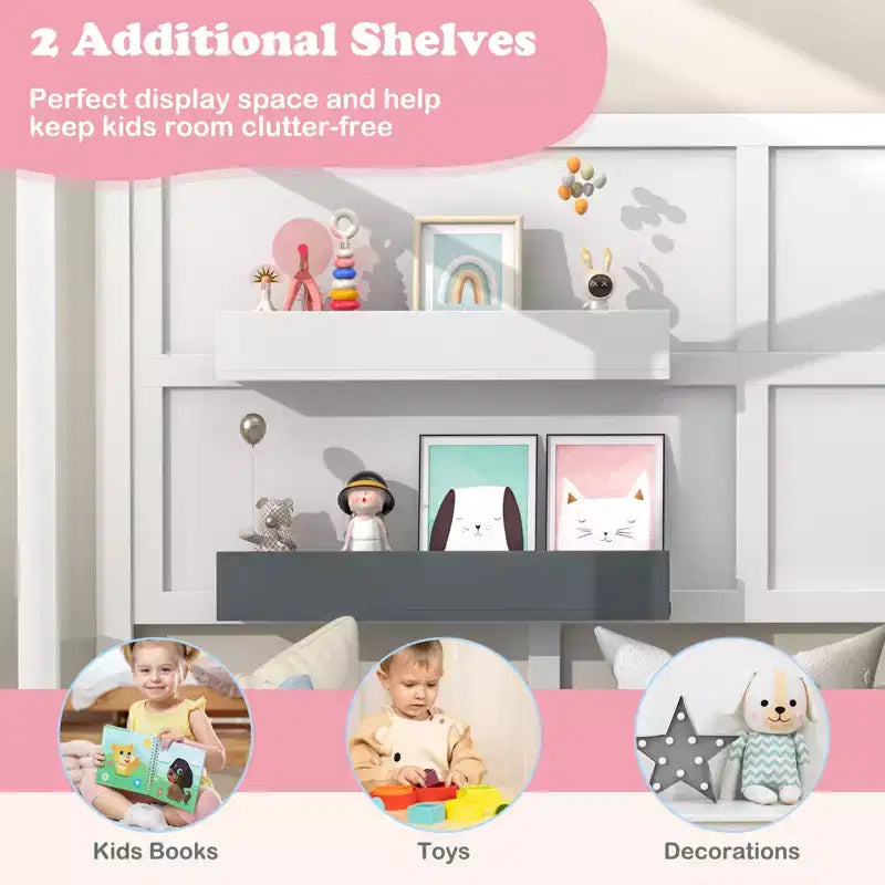 Costway Twin Size Kids House Bed with Fence Window Wooden Slats & 2 Storage Shelves