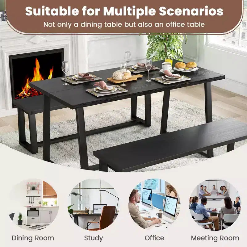 Costway Grande Table à Manger de 160 cm pour 4 à 6 Personnes avec Cadre en Métal Robuste Noir/Café Moderne