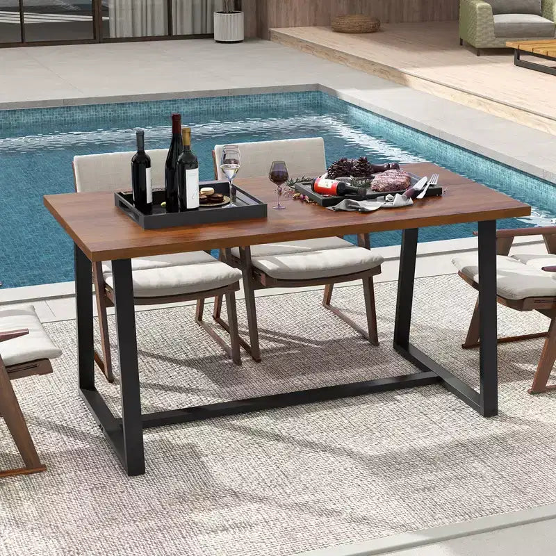 Costway Grande Table à Manger de 160 cm pour 4 à 6 Personnes avec Cadre en Métal Robuste Noir/Café Moderne