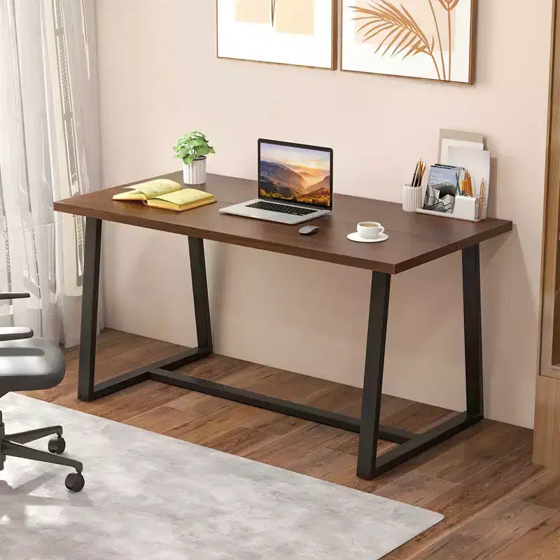 Costway Grande Table à Manger de 160 cm pour 4 à 6 Personnes avec Cadre en Métal Robuste Noir/Café Moderne