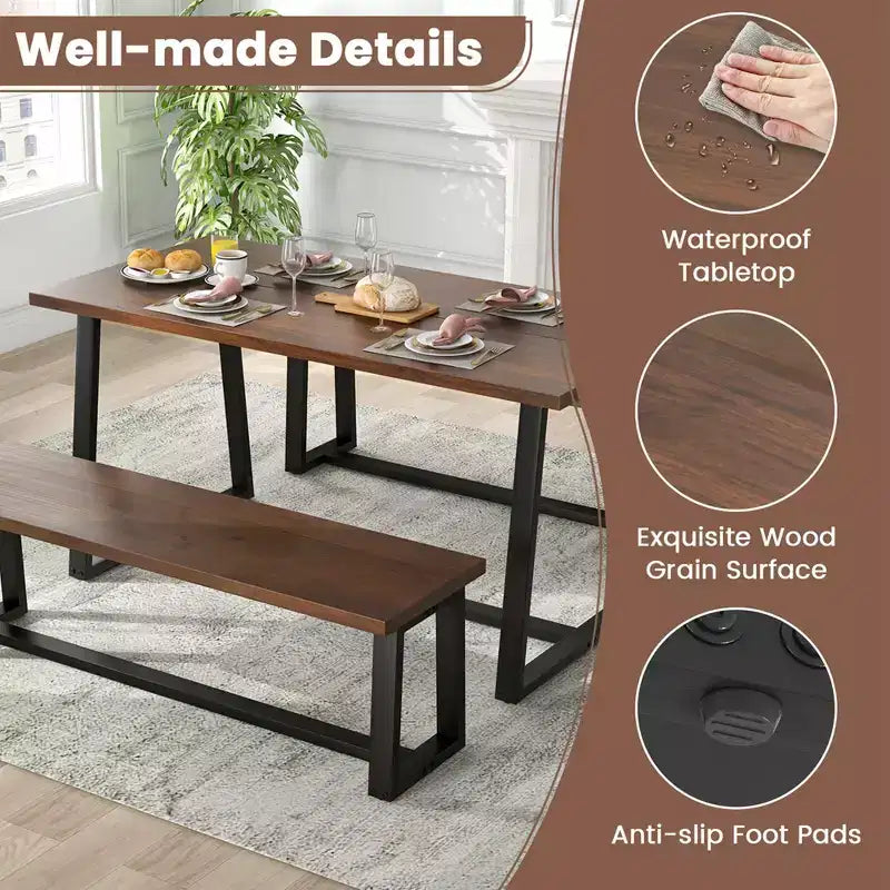 Costway Grande Table à Manger de 160 cm pour 4 à 6 Personnes avec Cadre en Métal Robuste Noir/Café Moderne