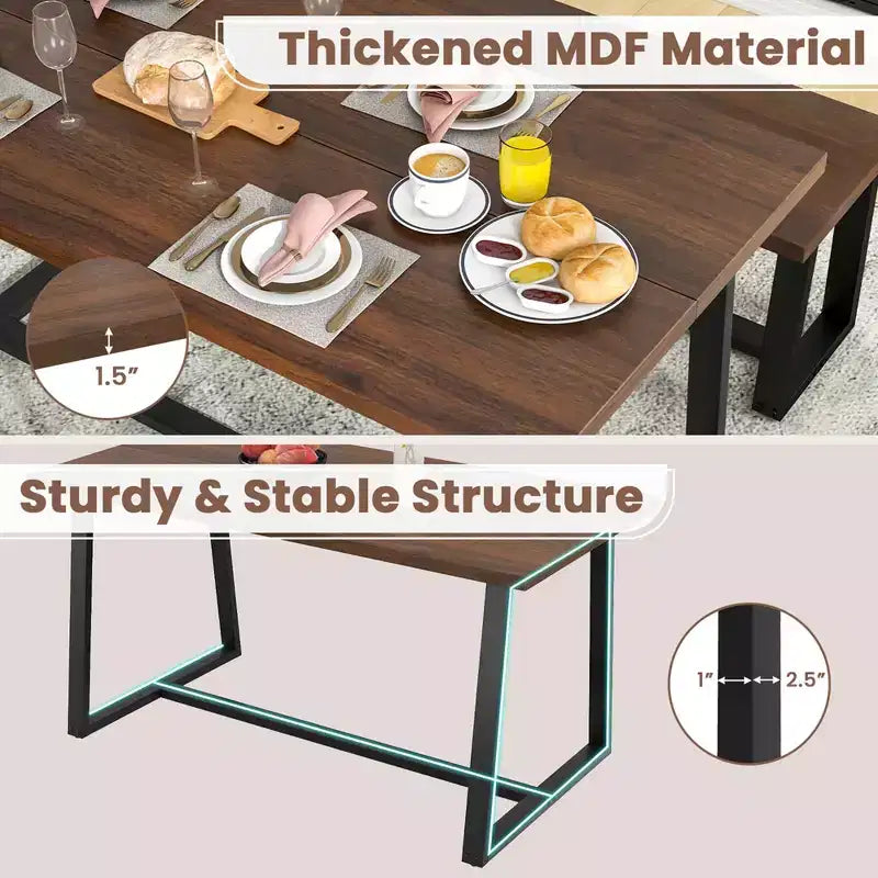 Costway Grande Table à Manger de 160 cm pour 4 à 6 Personnes avec Cadre en Métal Robuste Noir/Café Moderne