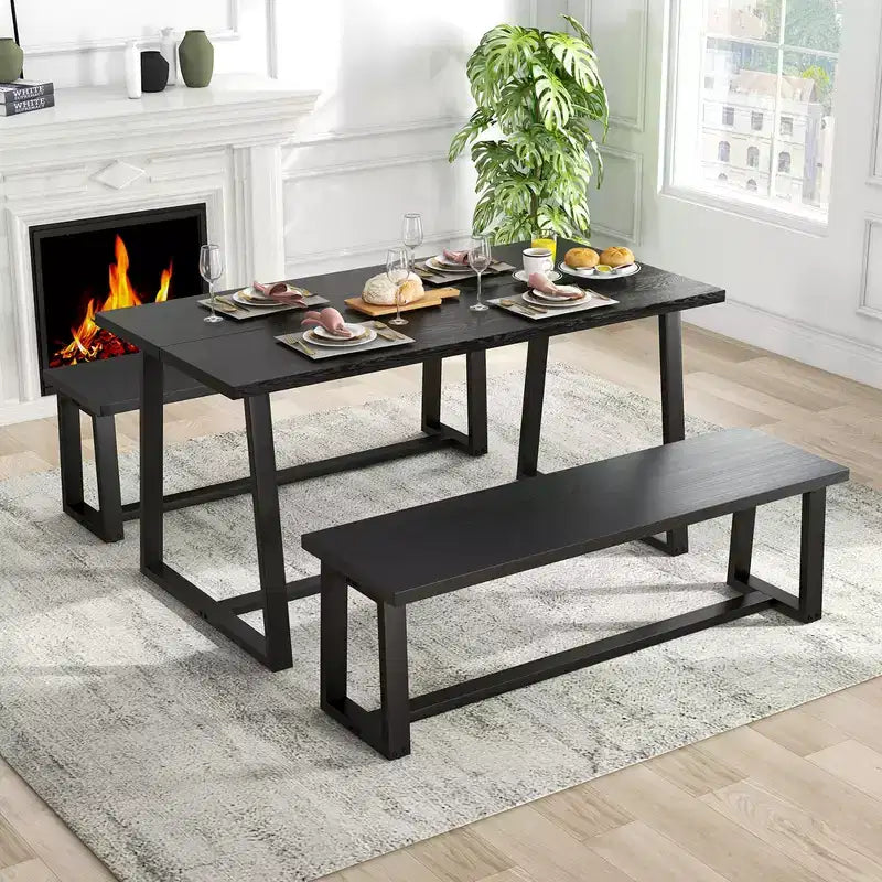 Costway Grande Table à Manger de 160 cm pour 4 à 6 Personnes avec Cadre en Métal Robuste Noir/Café Moderne
