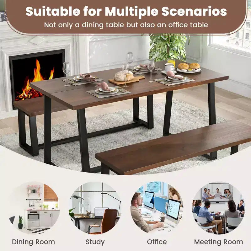 Costway Grande Table à Manger de 160 cm pour 4 à 6 Personnes avec Cadre en Métal Robuste Noir/Café Moderne