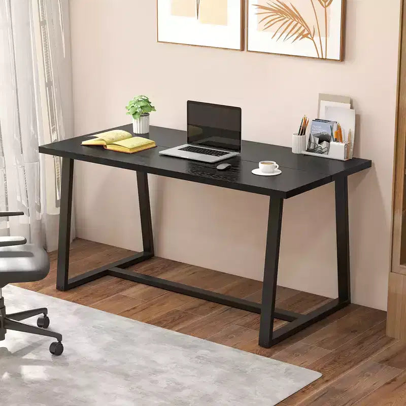Costway Grande Table à Manger de 160 cm pour 4 à 6 Personnes avec Cadre en Métal Robuste Noir/Café Moderne