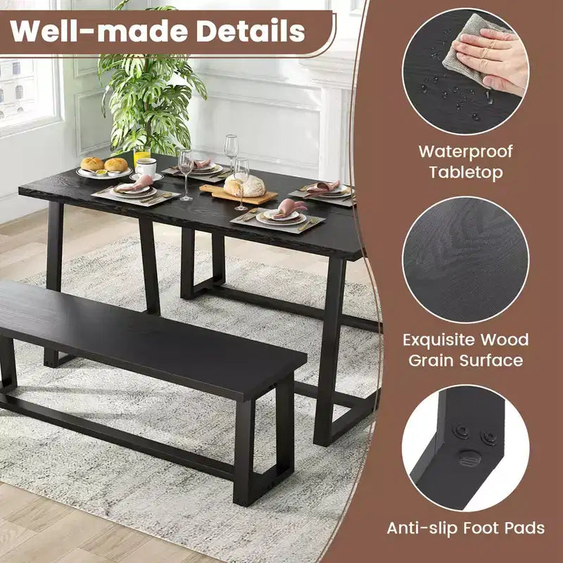Costway Grande Table à Manger de 160 cm pour 4 à 6 Personnes avec Cadre en Métal Robuste Noir/Café Moderne