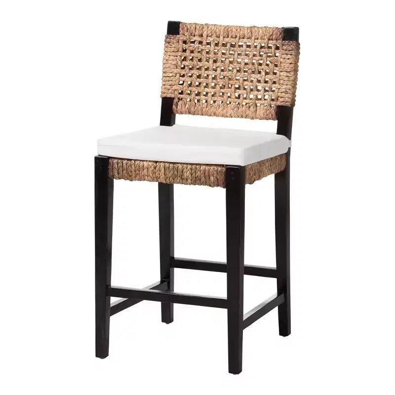 bali & pari Alise Tabouret de comptoir bohème moderne en acajou brun foncé et jonc de mer