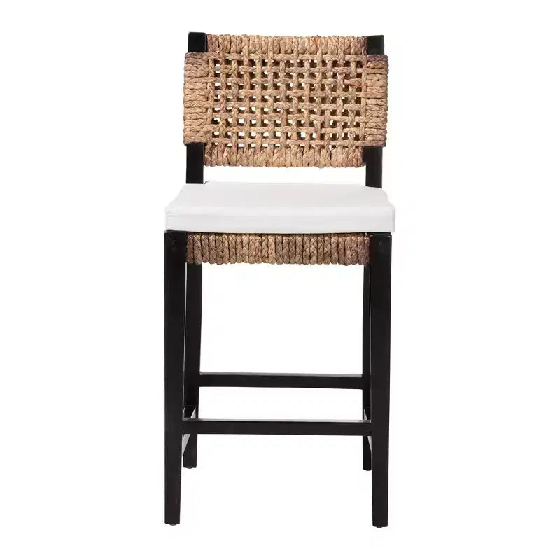 bali & pari Alise Tabouret de comptoir bohème moderne en acajou brun foncé et jonc de mer