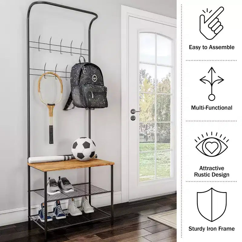 Hasting Home Entryway Bench with Coat Rack  Metal Hall Tree with Seat, Hooks, and Shoe Storage