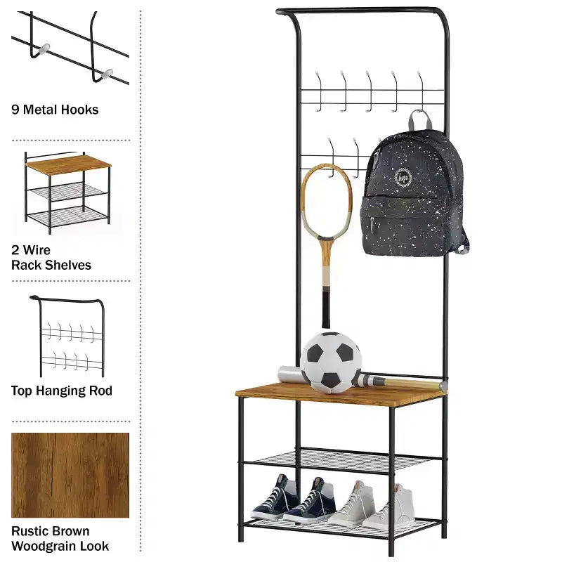 Hasting Home Entryway Bench with Coat Rack  Metal Hall Tree with Seat, Hooks, and Shoe Storage