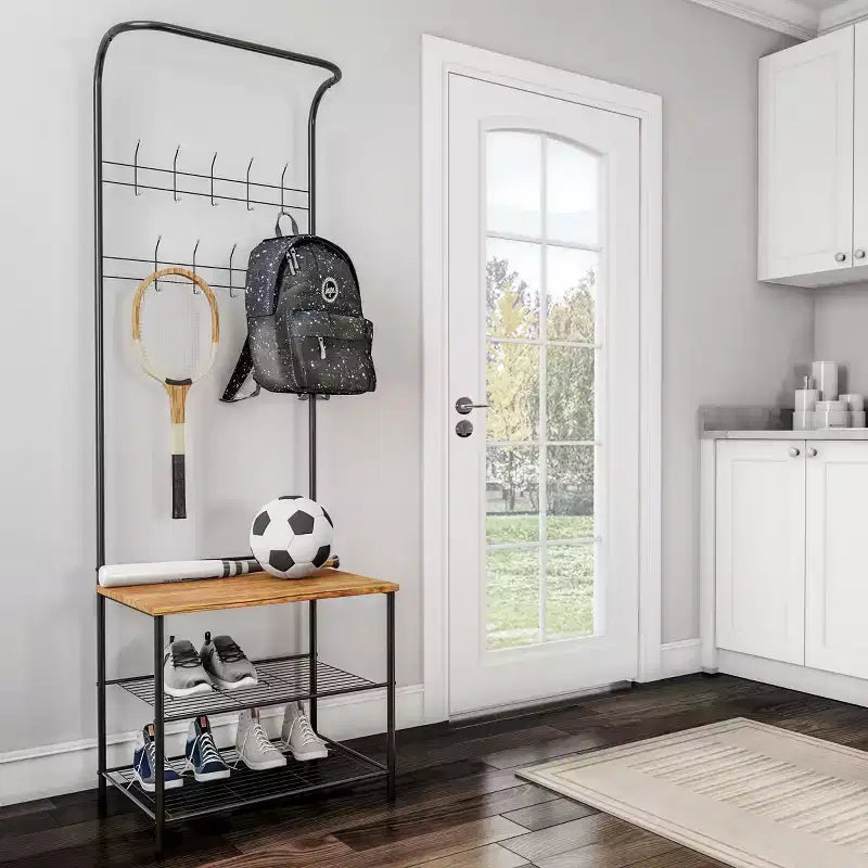 Hasting Home Entryway Bench with Coat Rack  Metal Hall Tree with Seat, Hooks, and Shoe Storage