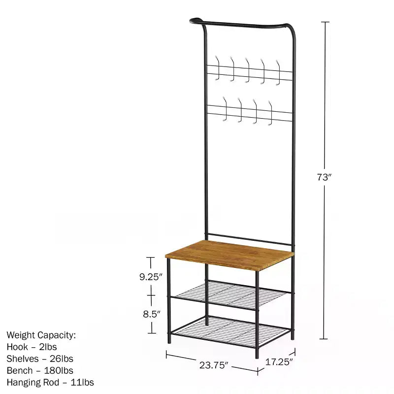 Hasting Home Entryway Bench with Coat Rack  Metal Hall Tree with Seat, Hooks, and Shoe Storage