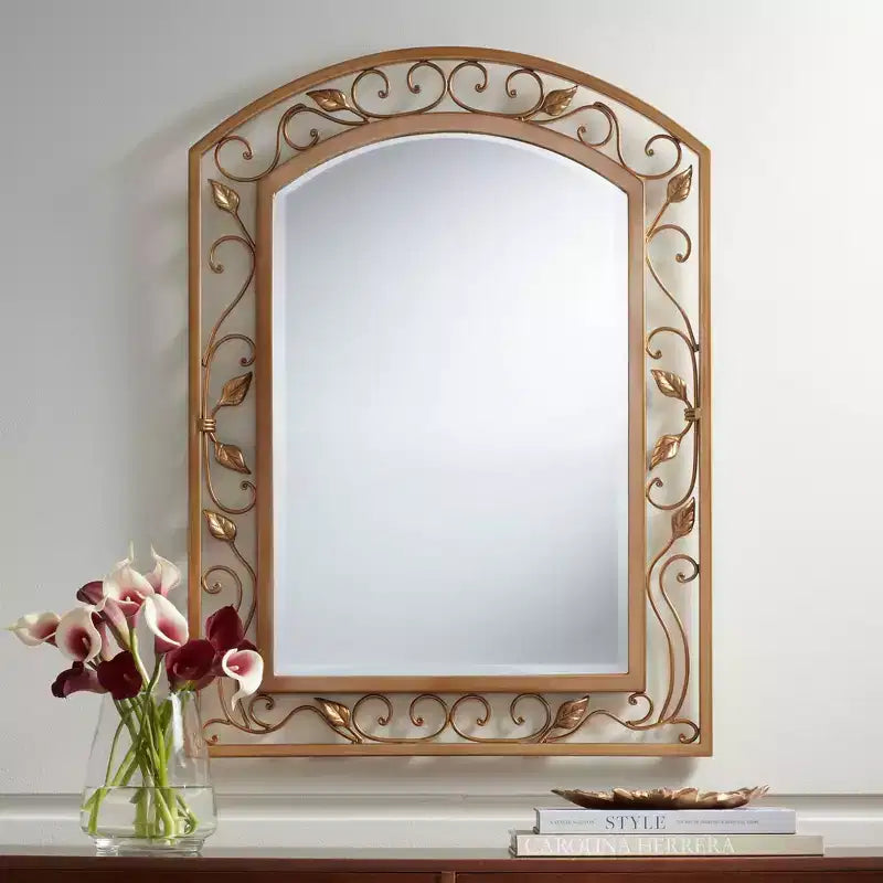 Noble Park Eden Park Arch Top Vanity Wall Mirror Vintage French Beveled Glass Vine Flower Gold Metal Frame 25 Wide for Bathroom