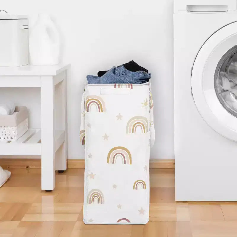Sweet Jojo Designs Girl Foldable Laundry Hamper with Handles Boho Rainbow Pink Yellow and Beige