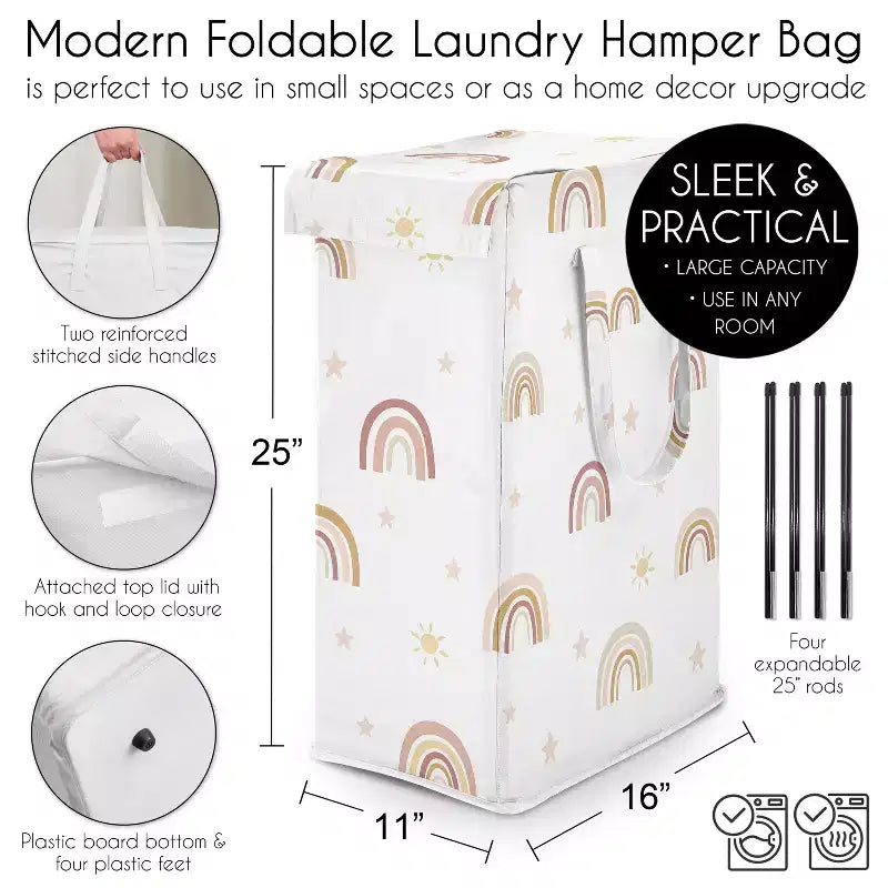 Sweet Jojo Designs Girl Foldable Laundry Hamper with Handles Boho Rainbow Pink Yellow and Beige
