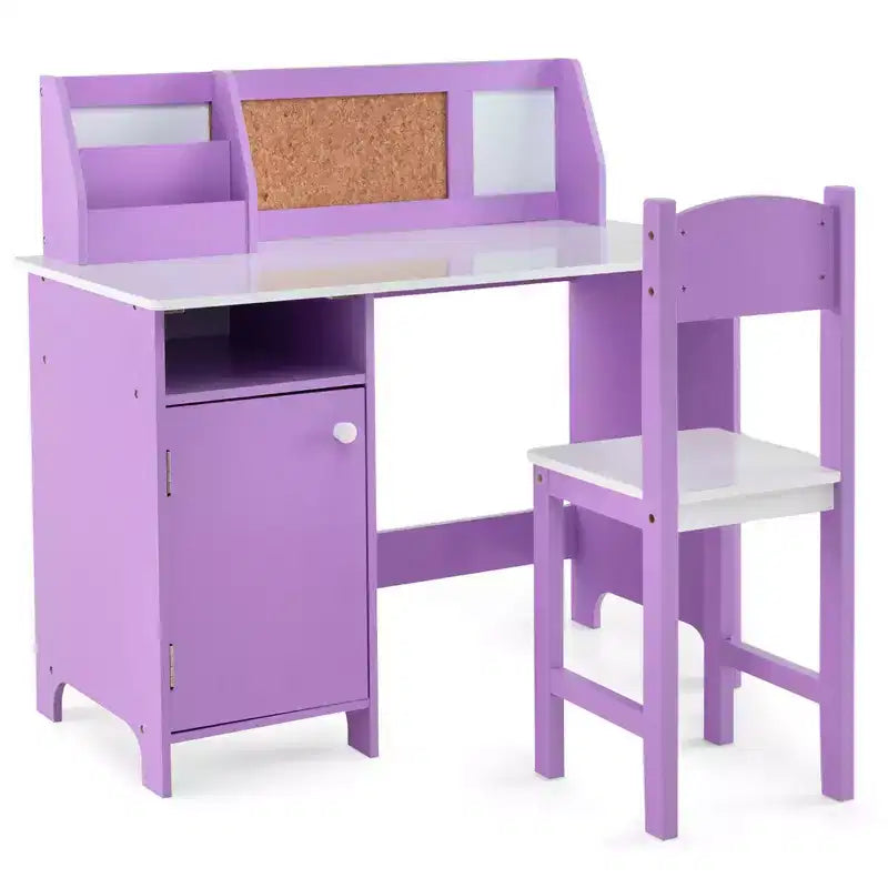 Costway Kids Study Desk with Chair, Whiteboard, Marker, Hutch, Storage Cabinet Purple/White