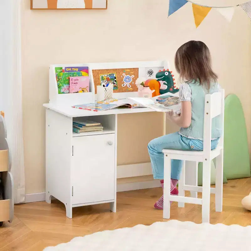 Costway Kids Study Desk with Chair, Whiteboard, Marker, Hutch, Storage Cabinet Purple/White
