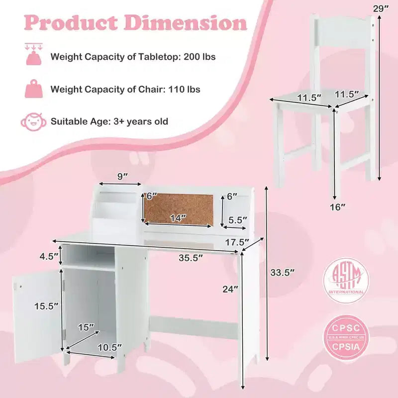 Costway Kids Study Desk with Chair, Whiteboard, Marker, Hutch, Storage Cabinet Purple/White