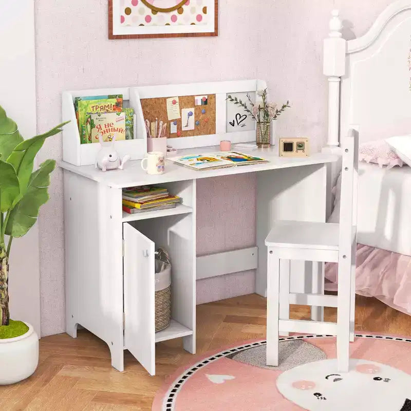 Costway Kids Study Desk with Chair, Whiteboard, Marker, Hutch, Storage Cabinet Purple/White