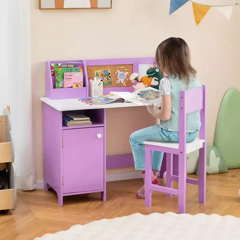 Costway Kids Study Desk with Chair, Whiteboard, Marker, Hutch, Storage Cabinet Purple/White