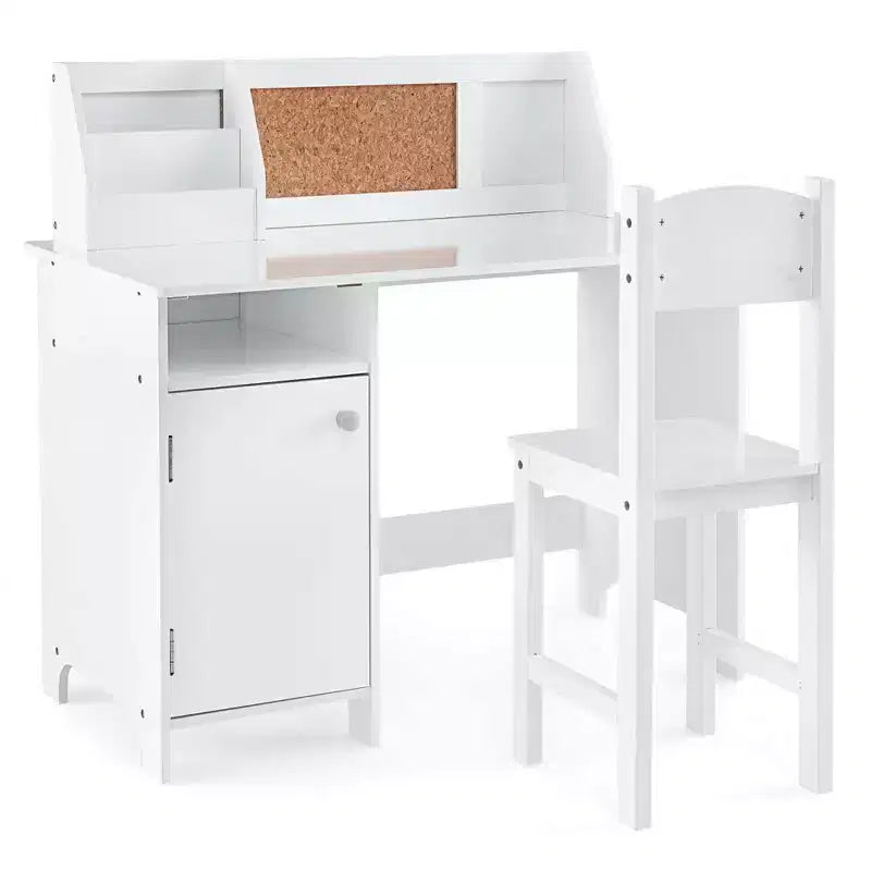 Costway Kids Study Desk with Chair, Whiteboard, Marker, Hutch, Storage Cabinet Purple/White