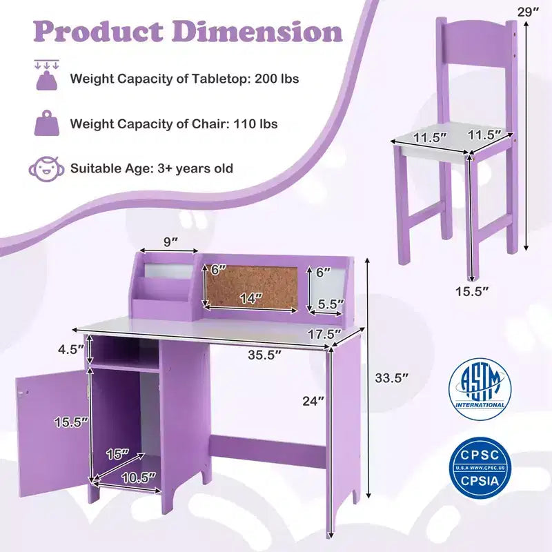 Costway Kids Study Desk with Chair, Whiteboard, Marker, Hutch, Storage Cabinet Purple/White