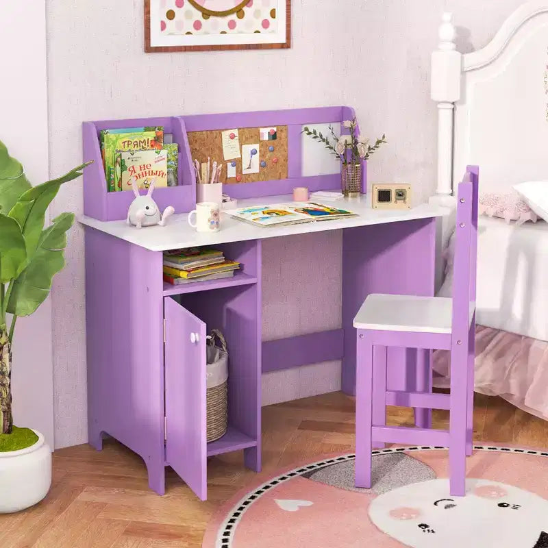 Costway Kids Study Desk with Chair, Whiteboard, Marker, Hutch, Storage Cabinet Purple/White