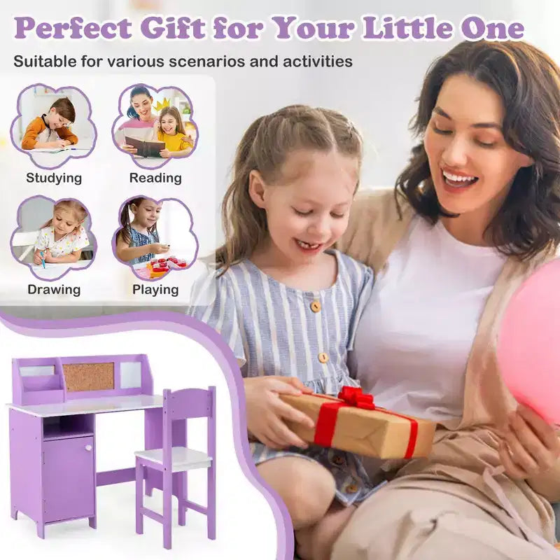 Costway Kids Study Desk with Chair, Whiteboard, Marker, Hutch, Storage Cabinet Purple/White