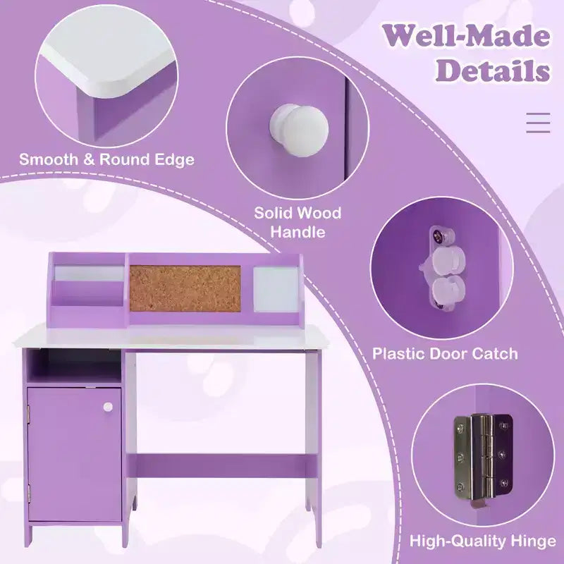 Costway Kids Study Desk with Chair, Whiteboard, Marker, Hutch, Storage Cabinet Purple/White
