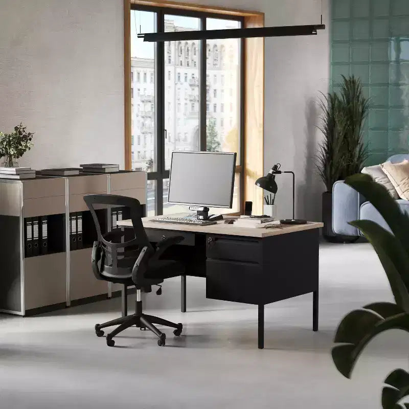 Flash Furniture Cambridge Commercial Grade Single Pedestal Desk with Locking Drawers and Metal Frame