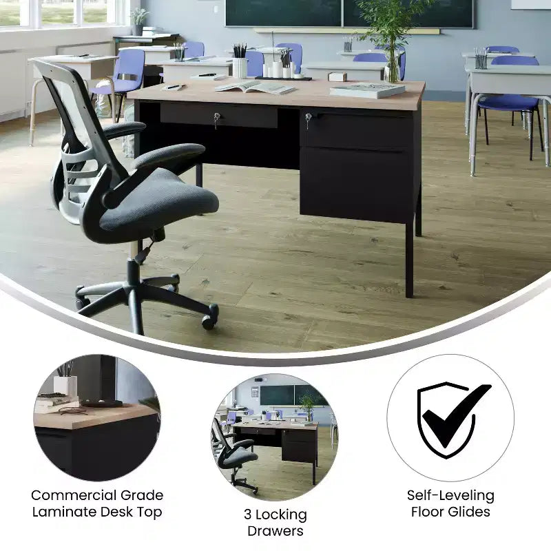 Flash Furniture Cambridge Commercial Grade Single Pedestal Desk with Locking Drawers and Metal Frame