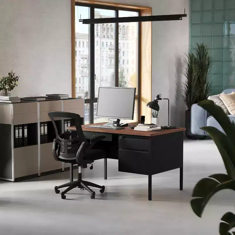 Flash Furniture Cambridge Commercial Grade Single Pedestal Desk with Locking Drawers and Metal Frame