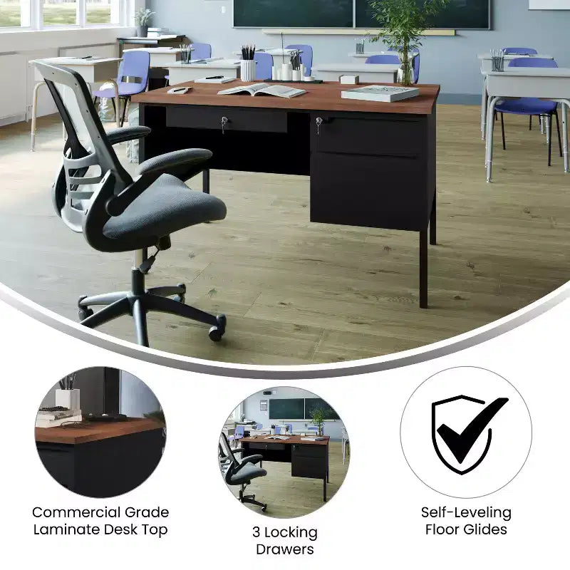 Flash Furniture Cambridge Commercial Grade Single Pedestal Desk with Locking Drawers and Metal Frame