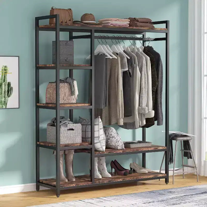 Lantine Freestanding Closet Organizer, Heavy Duty Clothes Closet, Portable Garment Rack with 6 Shelves and Hanging rod