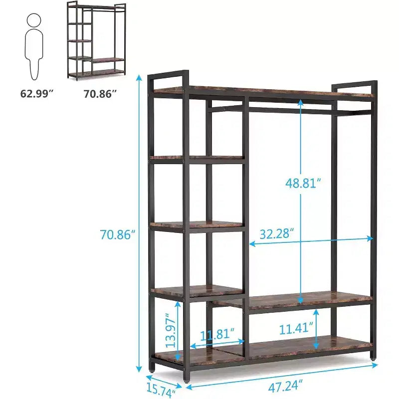 Lantine Freestanding Closet Organizer, Heavy Duty Clothes Closet, Portable Garment Rack with 6 Shelves and Hanging rod