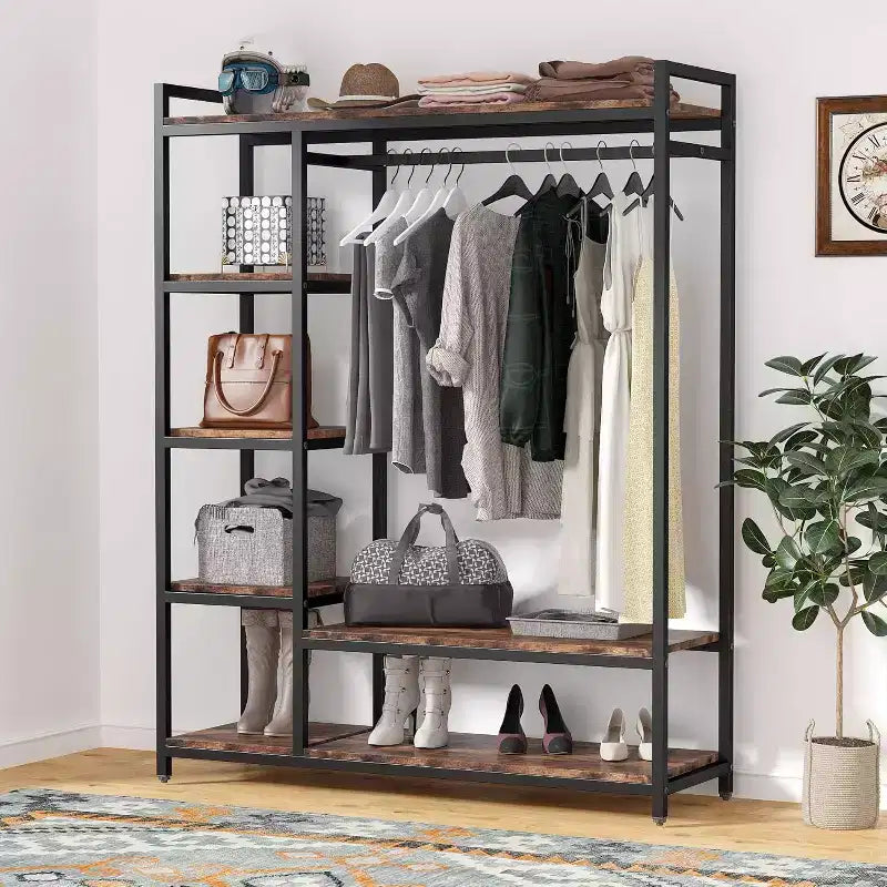 Lantine Freestanding Closet Organizer, Heavy Duty Clothes Closet, Portable Garment Rack with 6 Shelves and Hanging rod