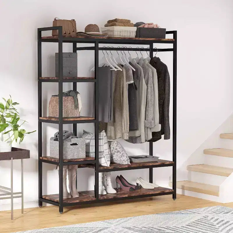 Lantine Freestanding Closet Organizer, Heavy Duty Clothes Closet, Portable Garment Rack with 6 Shelves and Hanging rod