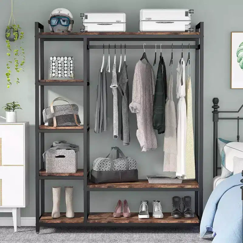 Lantine Freestanding Closet Organizer, Heavy Duty Clothes Closet, Portable Garment Rack with 6 Shelves and Hanging rod