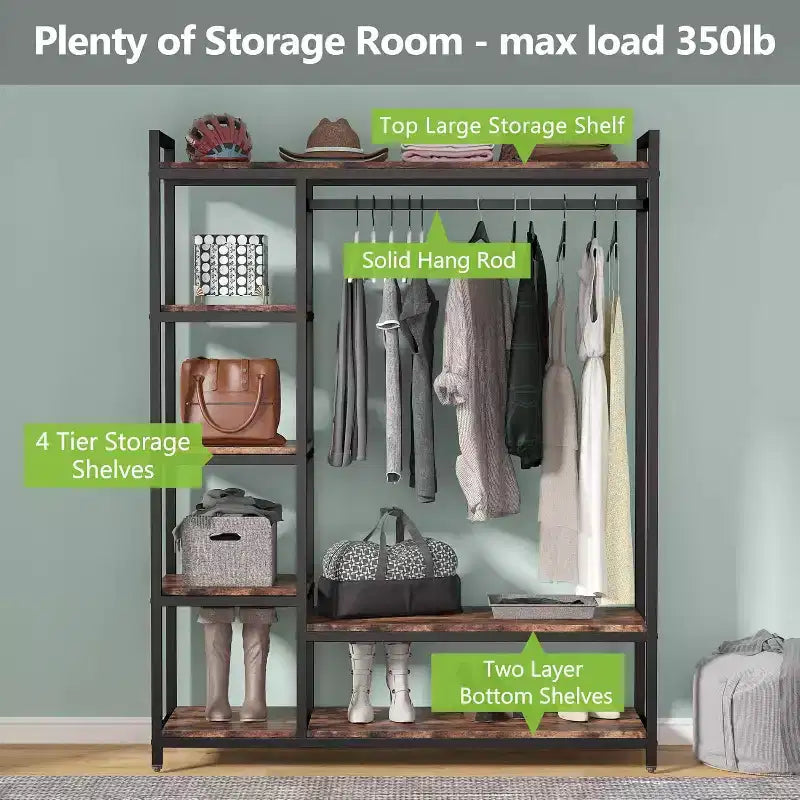 Lantine Freestanding Closet Organizer, Heavy Duty Clothes Closet, Portable Garment Rack with 6 Shelves and Hanging rod