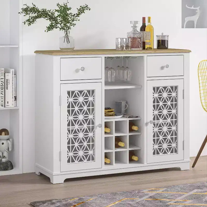 47" Wine Cabinet with Glass Doors Feature and Silk-Screened Pattern Design - Festivo