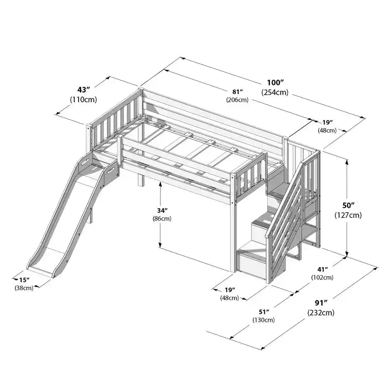 Lit mezzanine bas jumeaux Max & Lily avec toboggan et escaliers, lit plateforme enfant en bois massif avec 14 garde-corps